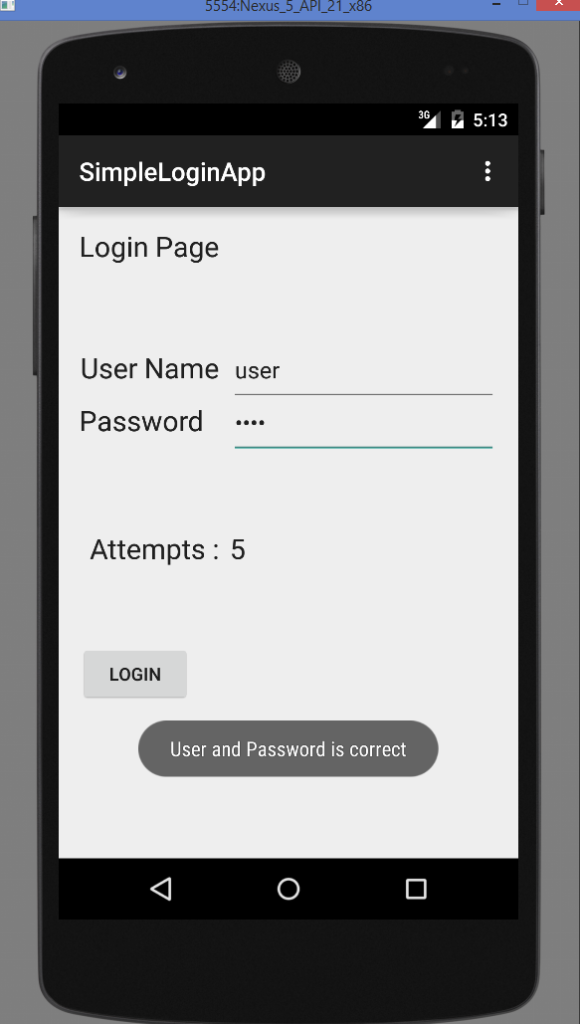 Android Login Screen Example Output correct user and password