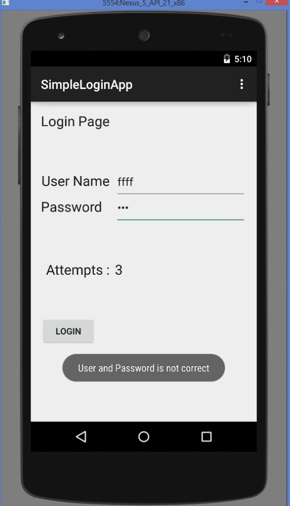 Android Login Screen Example Output wrong user and password